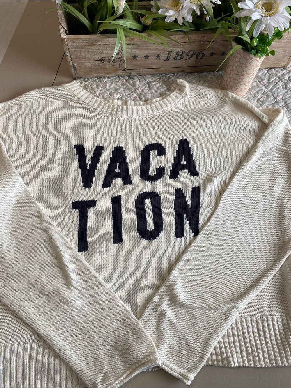 Z Supply Cream Sweater with Navy 'VACATION' Graphic